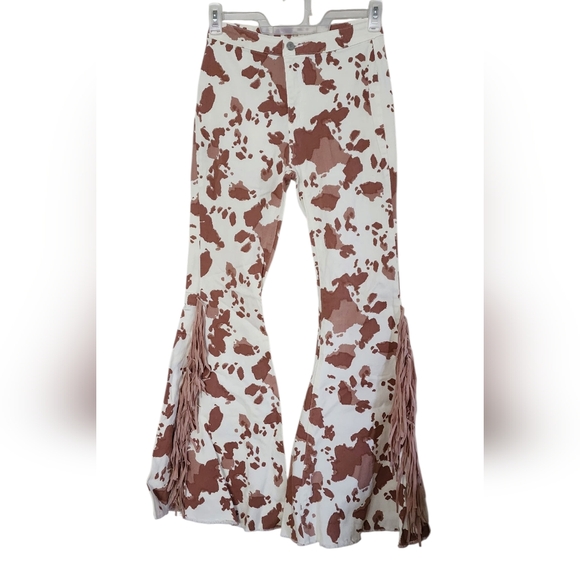 Altar'd State Cow Print Fringe Bell Bottoms Medium - Picture 3 of 8